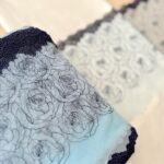 Sky blue roses net with navy cutwork border
