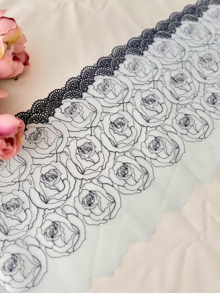Sky blue roses net with navy cutwork border - Image 2