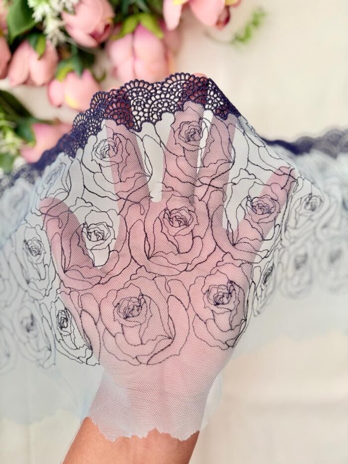Sky blue roses net with navy cutwork border - Image 3